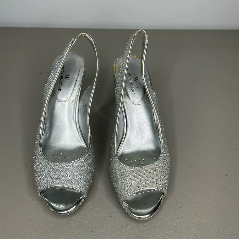 Worthington Pump Heels Slingback‎ Ankle Strap Open Toe Studded Silver Size 6.5